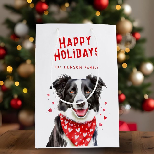 Sac Cadeau Moyen Bordure Collie Coeur rouge Bandana Noël (Créateur téléchargé)
