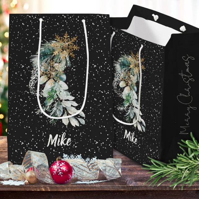 Sac Cadeau Moyen Botanique Moderne Foliole Fluge de neige Joyeux No (Créateur téléchargé)