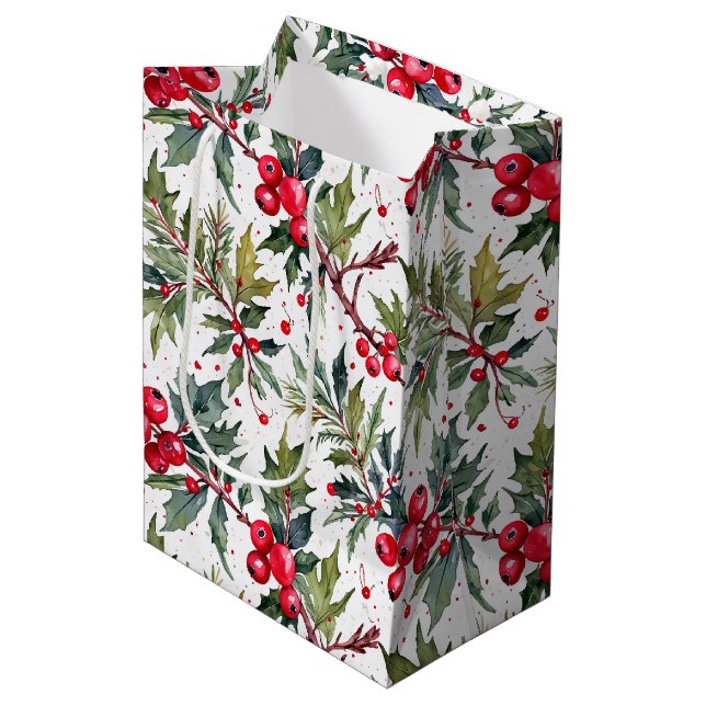 Sac Cadeau Moyen Boughs de Festive de Holly (Devant Angle)