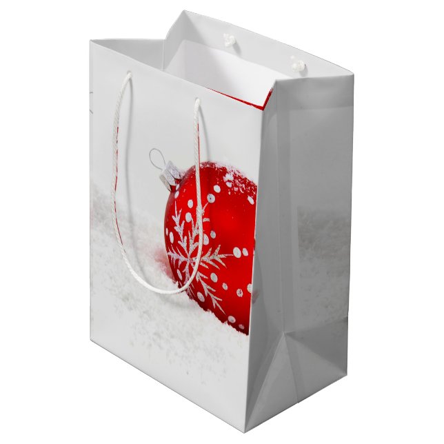 Sac Cadeau Moyen Boule de Noël Rouge avec Flèche-Neige (Dos Angle)