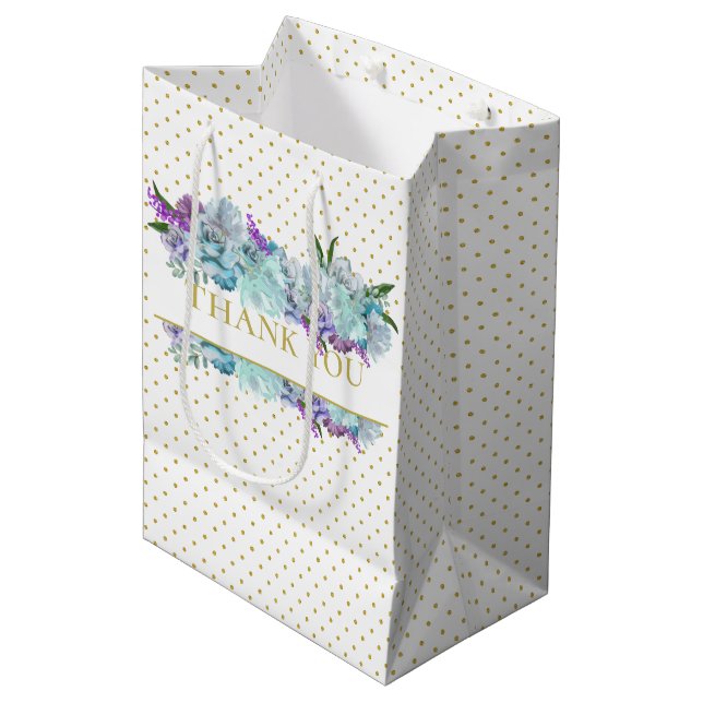 Sac Cadeau Moyen Bouquet Bleu Canard Rustique Fête de Mariage (Devant Angle)