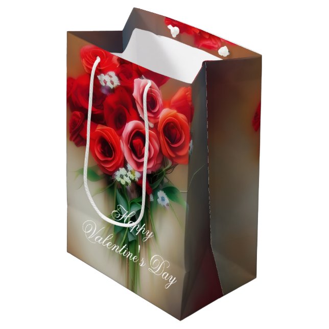 Sac Cadeau Moyen Bouquet doux de la Saint-Valentin rose (Devant Angle)