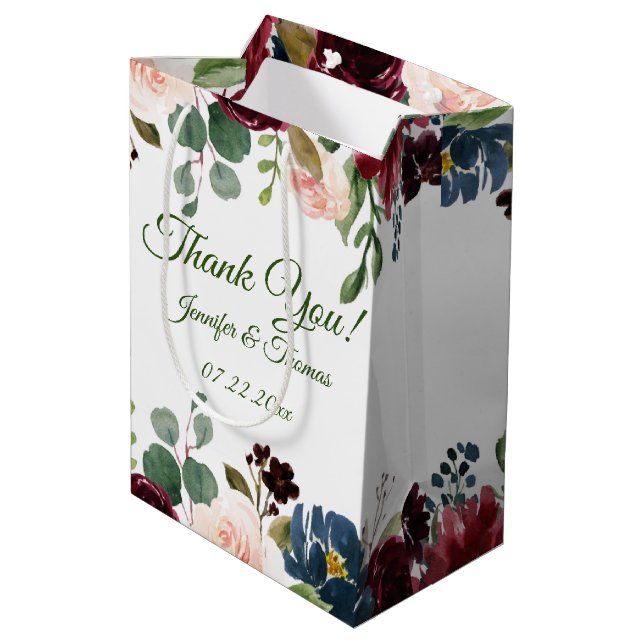 Sac Cadeau Moyen Bourgogne/Bleu Anglais Mariage de fleurs de jardin (Dos Angle)