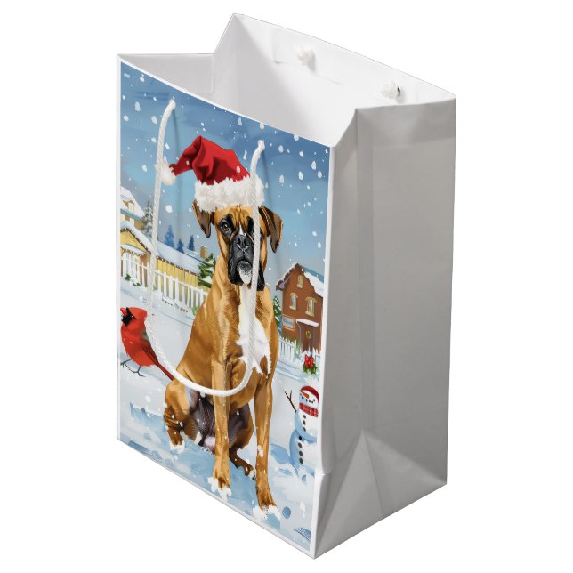 Sac Cadeau Moyen Boxer Chien Winter Wonderland Noël Joie (Devant Angle)
