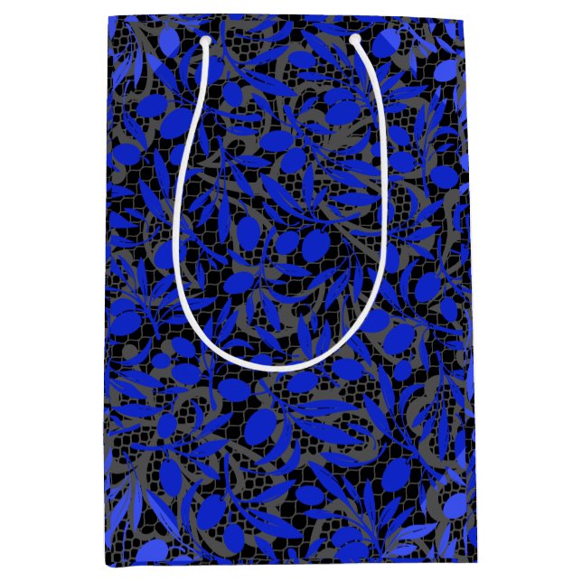 Sac Cadeau Moyen Branches de fruits bleus sur Gris net.2tonesx4 Bla (Devant)