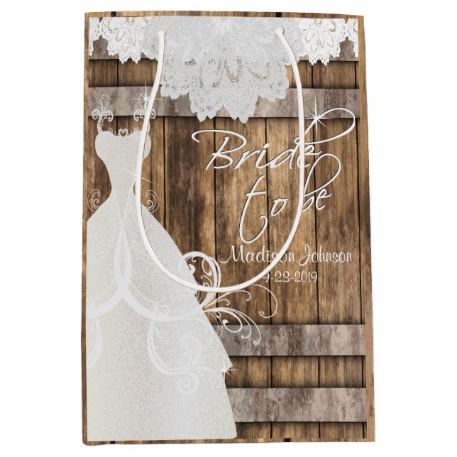 Sac Cadeau Moyen Bride to Be - Rustic Bois Barrel and Lace Design (Devant)