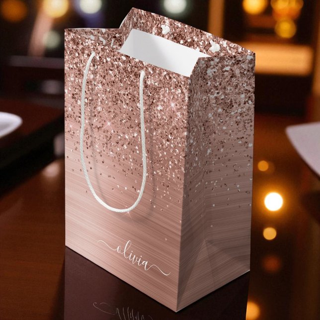 Sac Cadeau Moyen Brushed metal rose Gold Pink Glitter Monogram (Créateur téléchargé)