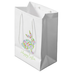 Sac Cadeau Moyen Bunny floral HAPPY EASTER Printemps coloré amusant