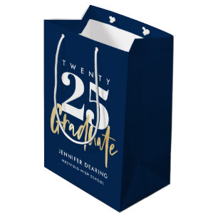 Sac Cadeau Moyen Calligraphie Or moderne Bleu Graduation