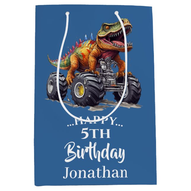 Sac Cadeau Moyen Camion monstre Dinosaure Bleu T-Rex (Devant)
