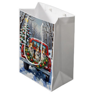 Sac Cadeau Moyen Camion rouge de Noël Australian Kelpie Vacances