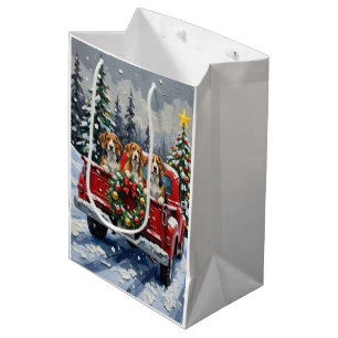 Sac Cadeau Moyen Camionnette rouge de Noël Beagle Fêtes
