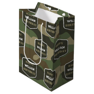 Sac Cadeau Moyen Camouflage Vert Camo Armée Monogramme Anniversaire