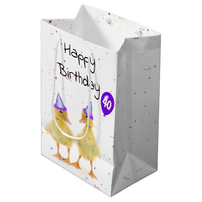 Sac Cadeau Moyen Canards de fête du 40e anniversaire avec ballon (Devant Angle)