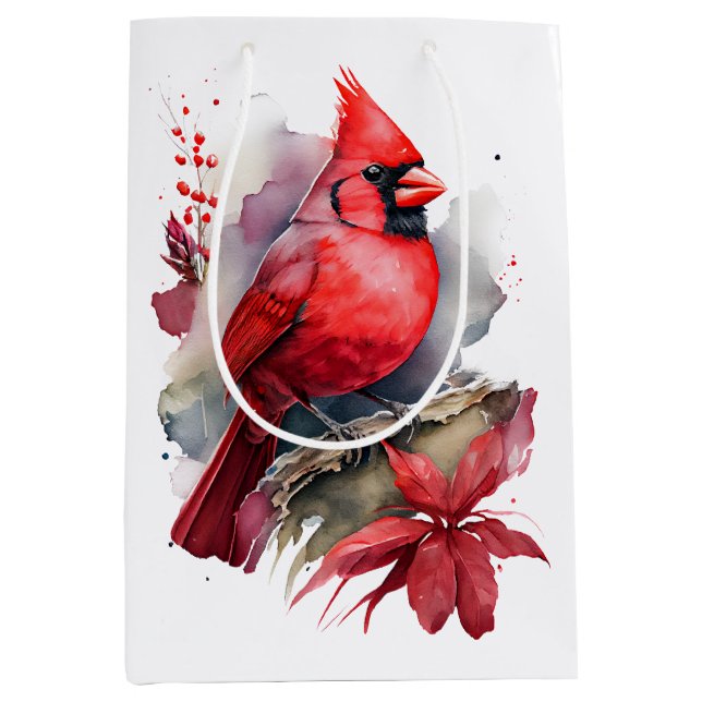 Sac Cadeau Moyen Cardinal d'aquarelle rouge (Devant)