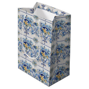 Sac Cadeau Moyen Carrelage italien Fête des mariées florale bleu et