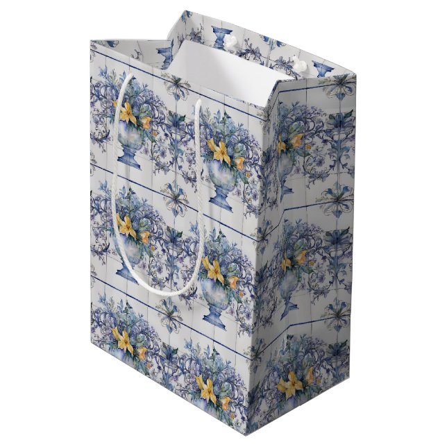 Sac Cadeau Moyen Carrelage italien Fête des mariées florale bleu et (Dos Angle)