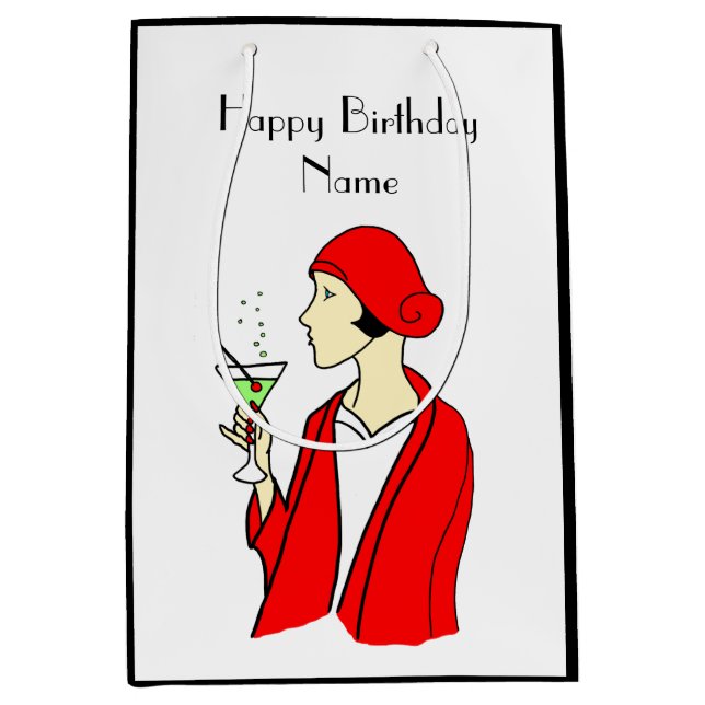 Sac Cadeau Moyen Carte d'anniversaire Art Déco Femme Casquette roug (Devant)