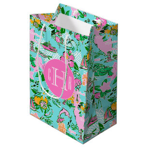 Sac Cadeau Moyen Carte Floride Preppy Palm Beach Motif Monogrammé