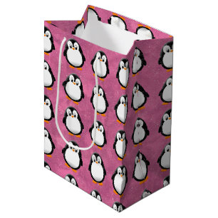 Sac Cadeau Moyen Carton en pingouin mignon Aquarelle rose personnal