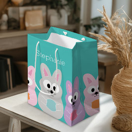 Sac Cadeau Moyen Cartoon mignon lapin de Pâques avec nom personnali