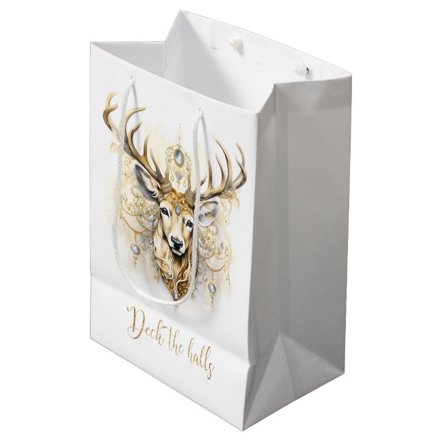 Sac Cadeau Moyen Cerf de glitterie or et diamant (Devant Angle)