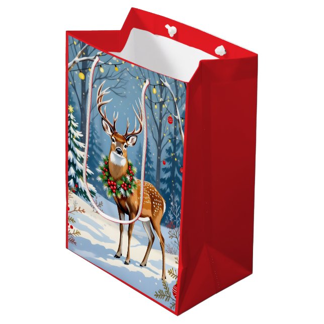 Sac Cadeau Moyen Cerf de Noël en forêt d'hiver festive (Devant Angle)