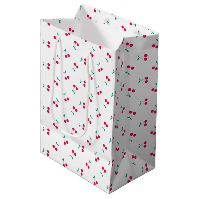 Sac Cadeau Moyen Cerise mignonne Cerises esthétiques Motif Blanc (Devant Angle)