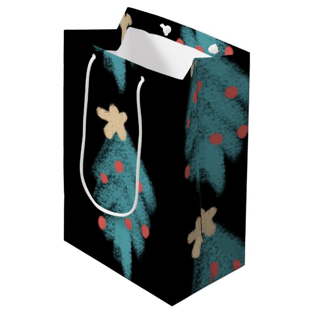 Sac Cadeau Moyen Chalk de Noël Doodles Arbres (Devant Angle)