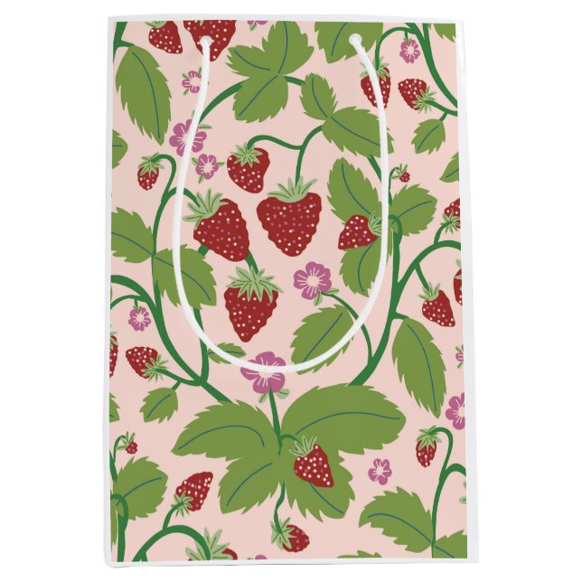 Sac Cadeau Moyen Champ de fraises sur arrière - plan crème (Devant)