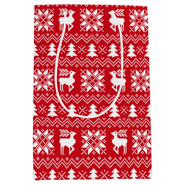Sac Cadeau Moyen Chandail traditionnel de Noël rouge Design hiverna (Devant)
