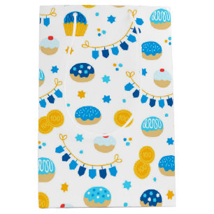 Sac Cadeau Moyen Chanukah Dreidels Doughnut Gold Blue White