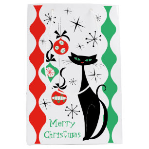 Sac Cadeau Moyen Chat à rayures Noël rétro Joyeux Noël