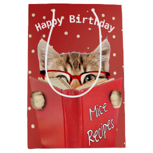 Sac Cadeau Moyen Chat avec lunettes et livre rouge Anniversaire