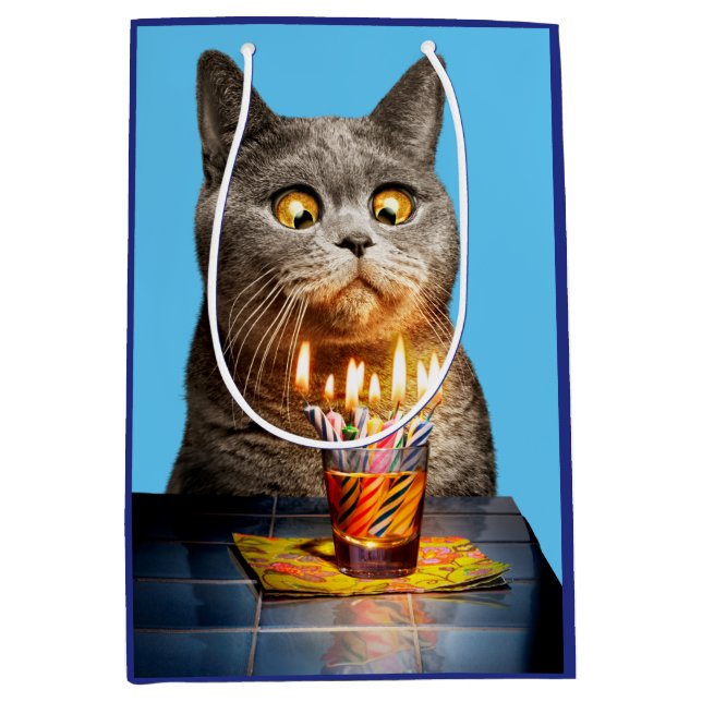 Sac Cadeau Moyen Chat avec verre d'anniversaire (Devant)