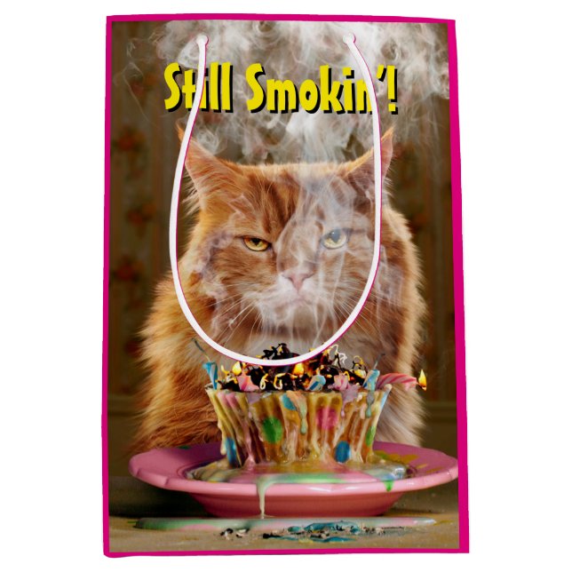 Sac Cadeau Moyen Chat Cranky Drôle Avec Cupcake D'Anniversaire Fond (Devant)