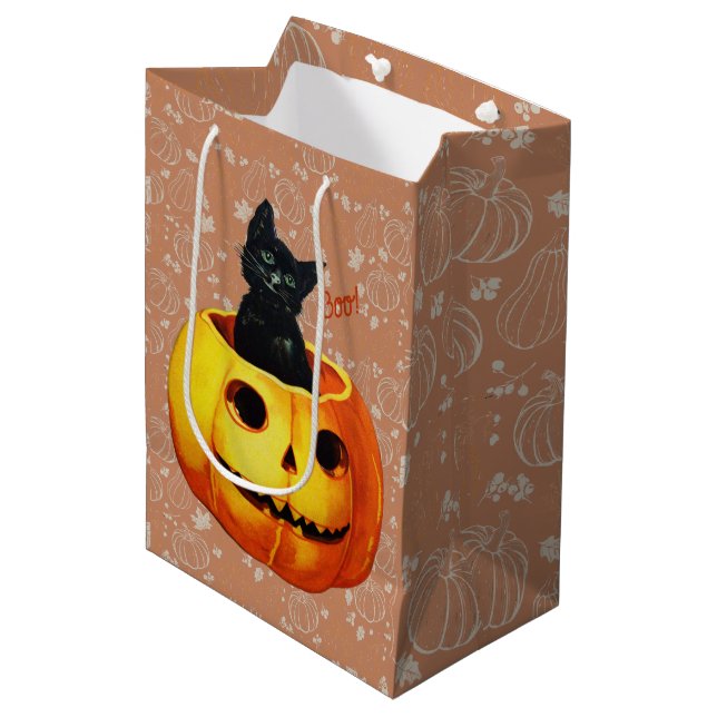 Sac Cadeau Moyen Chat d'Halloween en Citrouille (Devant Angle)