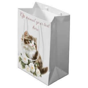 Sac Cadeau Moyen Chat et fleurs heureux désir d'anniversaire