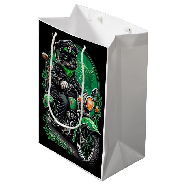 Sac Cadeau Moyen Chat noir conduite vélo St. Patrick's Day (Devant Angle)