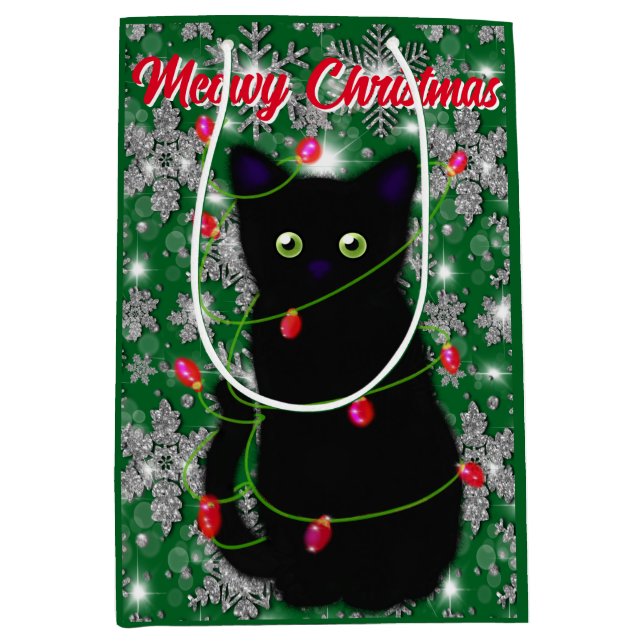 Sac Cadeau Moyen Chat noir mignon Meowy Noël (Devant)
