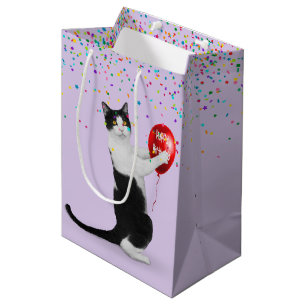 Sac Cadeau Moyen Chat Tuxedo avec Confettis et Ballon d'Anniversair