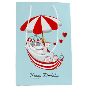 Sac Cadeau Moyen Chaton d'anniversaire dans hamac rouge et blanc