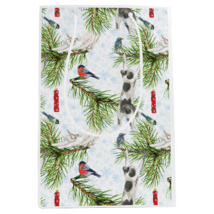 Sac Cadeau Moyen Chaton de Noël avec Oiseaux