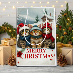 Sac Cadeau Moyen Chats dans l'attirail hivernal Preppy et Noël Casq