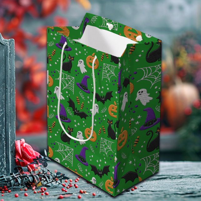 Sac Cadeau Moyen Chats noirs Fantômes chauves-souris Motif vert Hal (Créateur téléchargé)