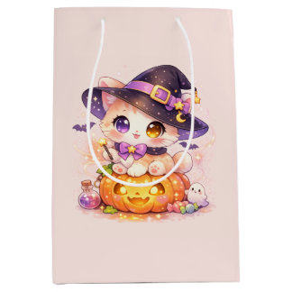 Sac Cadeau Moyen Chatte sorcière kawaii & citrouille Halloween past