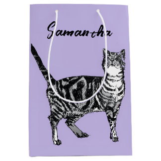 Sac Cadeau Moyen Chatte tigrée noire et blanche Nom Violet 