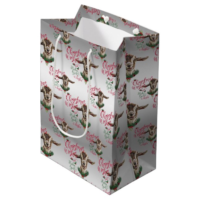 Sac Cadeau Moyen CHÈQUE | Souhaits de Noël Bébé Chèvre Baisers Basc (Devant Angle)