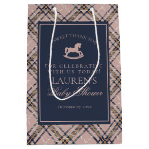 Sac Cadeau Moyen Cheval à Bascule Classique à Carreaux Roses Cadeau