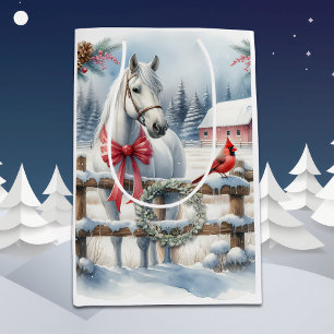 Sac Cadeau Moyen Cheval de Noël blanc et cardinal